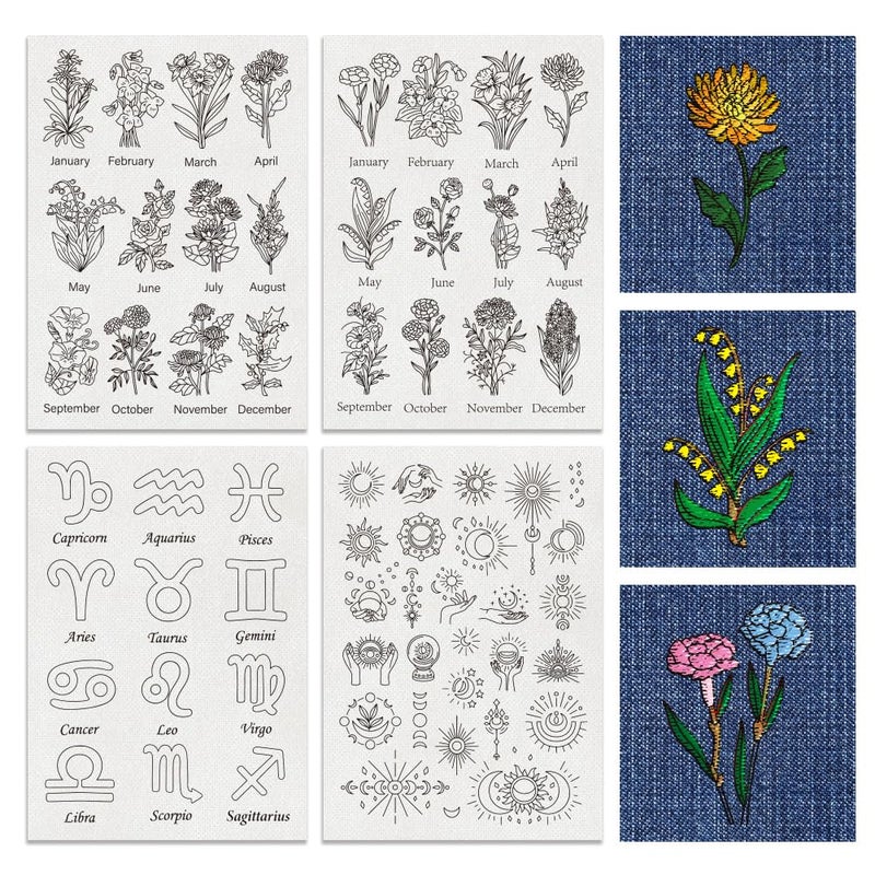 BENECREAT 4 Sheets 63PCS Stick and Stitch Embroidery Paper, Birth Month Flower Theme Stabilizer Water Soluble Hand Sewing for Carves, Shirts, Coats, Bags, Towels - Image 1